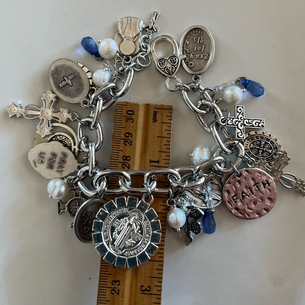 SOLD Charm Bracelet: St Benedict, Lenten Saints, Crosses, Freshwater Pearls - Picture 7 of 12